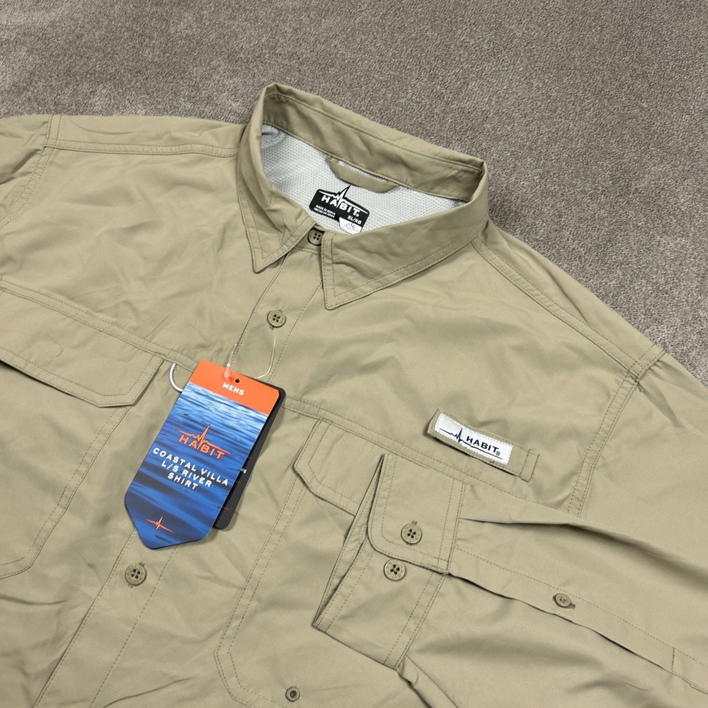 NEW Habit Vented Shirt Mens XL Long Sleeve River Shirt Beige Fishing Button Up